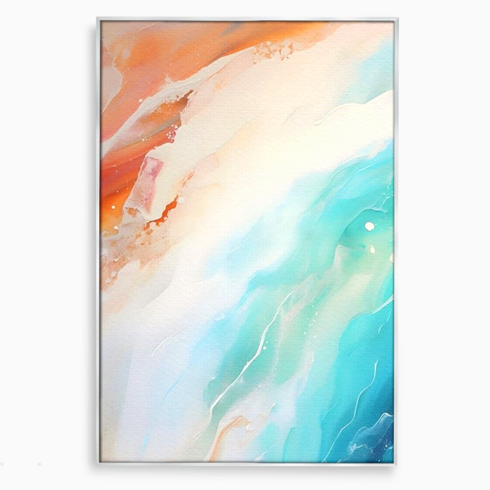 Tablou canvas cu pictura abstracta cu valuri turcoaz, in rama de aluminiu argintiu